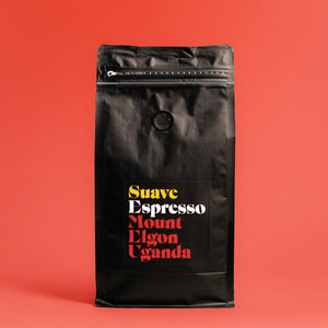 Suave Kaffee Espresso Coffee Bag in front of Red Backdrop